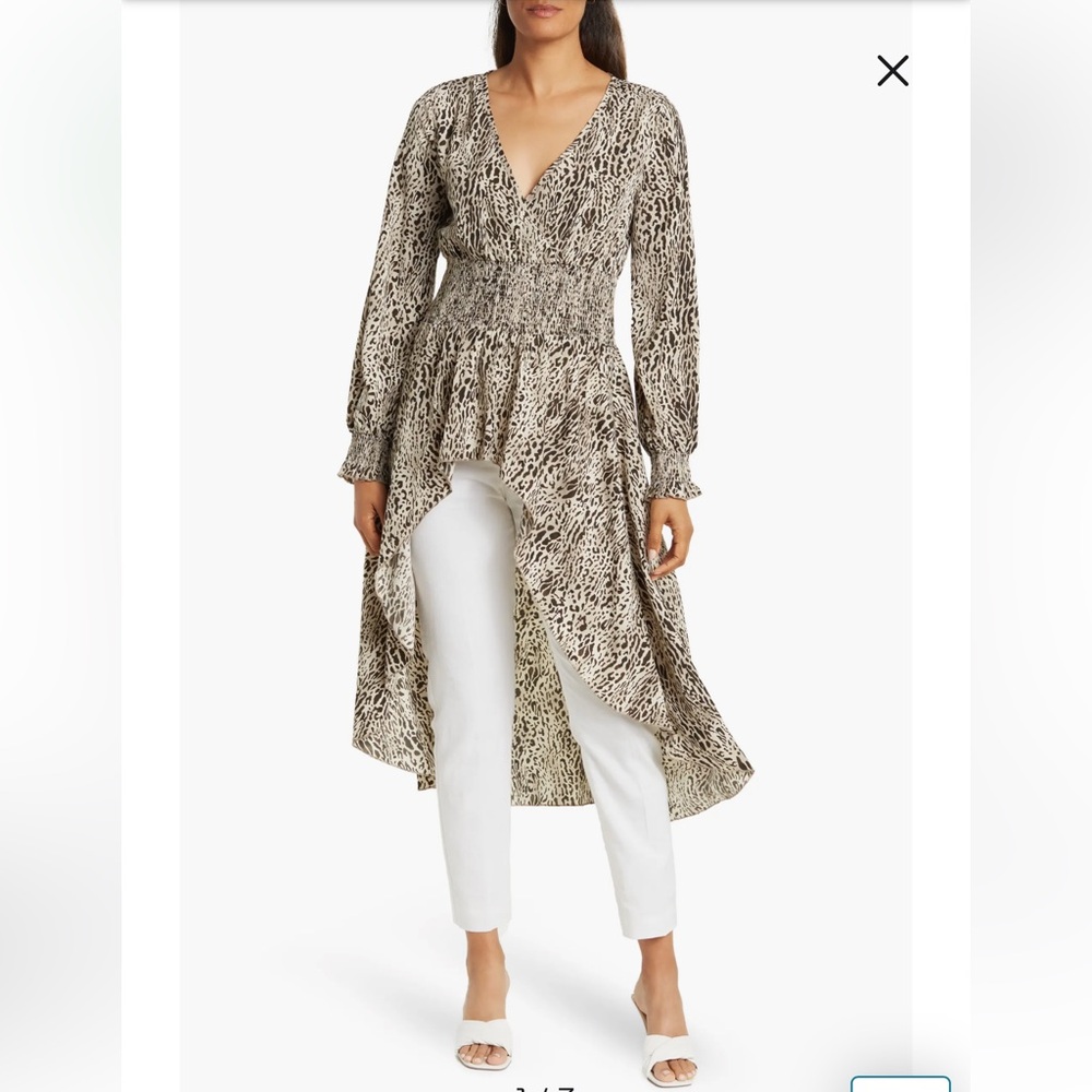 NWT Patrizia Luca Deep V High-low Tunic Animal Print Ruffles Ruching cover up